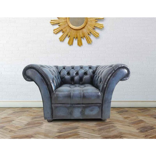 Chesterfield Balmoral Armchair Buttoned Seat Antique Blue Leather Piped Facing