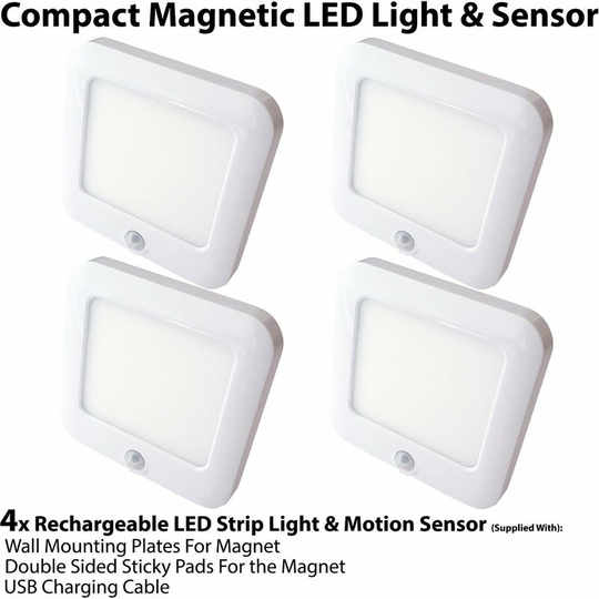 4x Rechargeable Magnetic led Square Light & pir Motion Sensor - Cupboard Cabinet Kitchen Unit Mini Auto Spotlight