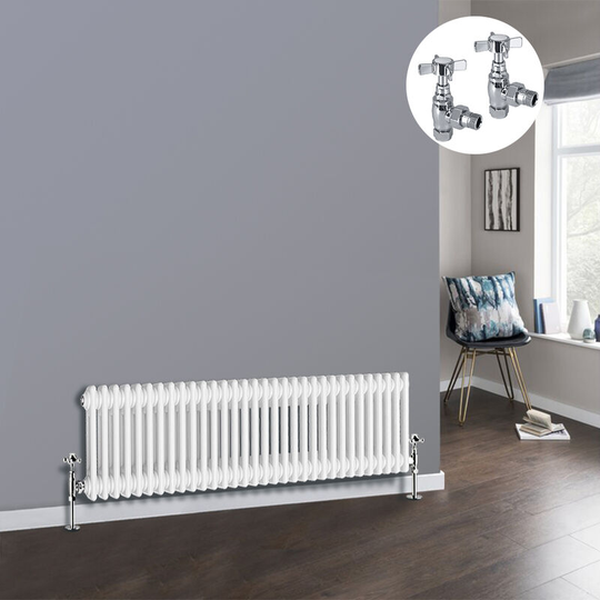 NRG - White 2 Column Traditional Cast Iron Style Radiator with Chrome Angled Cross Head Manual Valves Horizontal 300x1460mm
