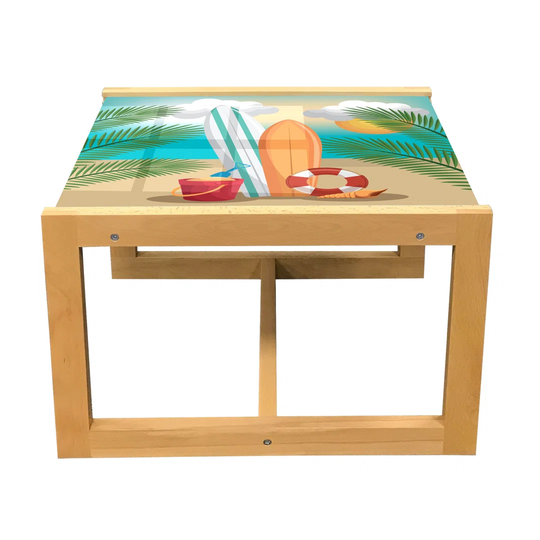 Graphic Beach Coffee Table, Summer Holiday Fun Cartoon With Surf Broads Sand Bucket And Shell, Acrylic Glass Center Table With Wooden Frame For Office