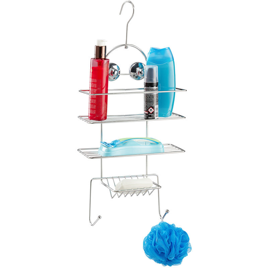 Shower Caddy, No Drilling, Hanging Bathroom Shelf with Hooks & Suction Cups, hwd 55 x 25 x 11.5 cm, Silver - Relaxdays