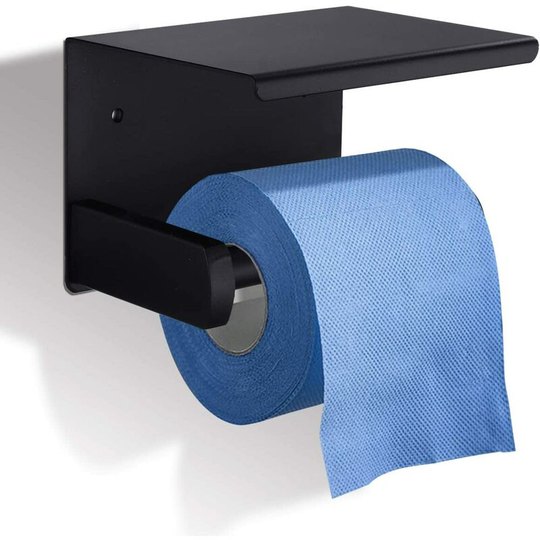 Industrial Toilet Paper Holder Wall Mounted Stainless Steel Toilet Roll Holder with Storage Platform for Bathroom Black Round Tube