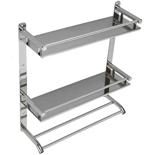 Bathroom Shelf, Stainless Steel Bathroom Shelf Wall Mounted Shower Storage Organizer With Towel Rack, Hooks For Bathroom Kitchen Storage (Double Tier)