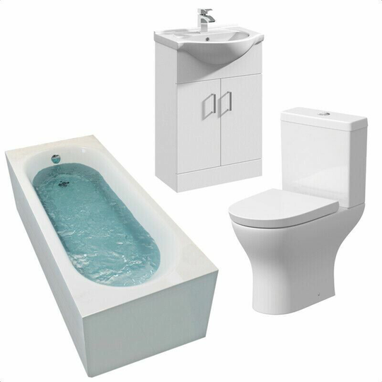 Bathroom Suite Bath 1700 Single Ended Straight Basin Sink Vanity Unit Toilet WC - White