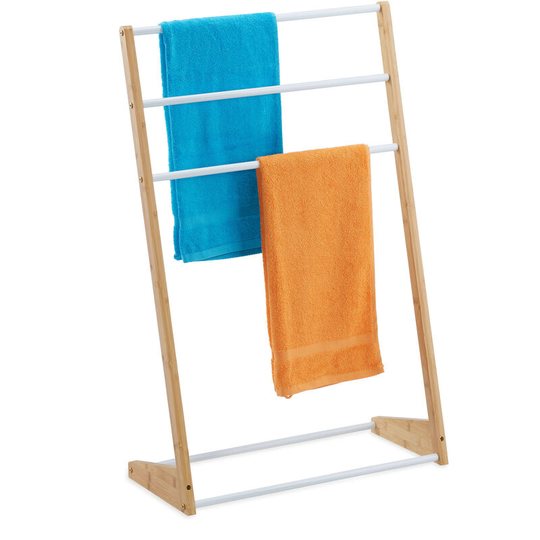 Freestanding Towel Holder, Compact 3 Levels for Drying, Bamboo & Iron, HxWxD: 98 x 62 x 30 cm, Natural/White - Relaxdays