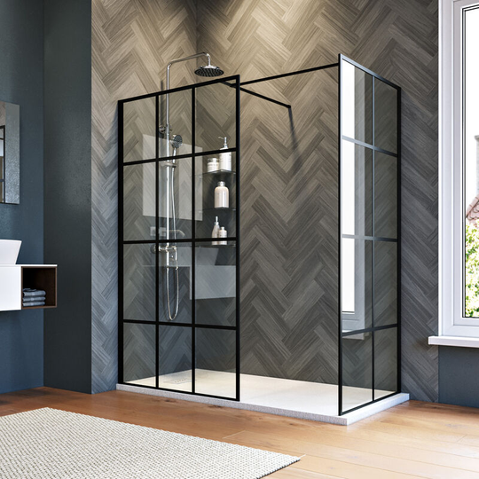 Elegant - 1100mm Modern Walk in Shower Door 760mm Side Shower Screen 8mm Black Matte Safety Glass Panel Wet Room Shower Enclosure Include Double