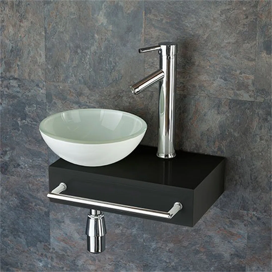 Cloakroom Black Wood Shelf With 28Cm White Glass Basin Set | Shelf Size Is 400Mm X 250Mm | Set Includes Basin Bathroom Shelf, Mixer Tap, Pop Up Waste