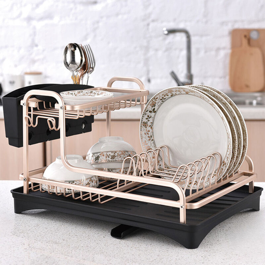 2 Tier Aluminum Dish Storage Rack with Cutlery Holder Drain Hole - Livingandhome