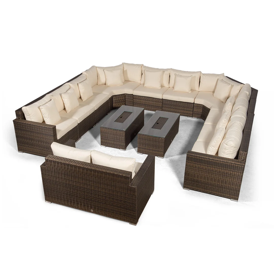 Villasenor Brown Rattan 10 Seat Sofa With 2 X Rectangle Ice Bucket Coffee Table & 2 Seat Sofa, Outdoor Patio Garden Furniture
