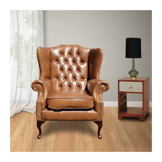 Chesterfield Highclere High Back Wing Chair UK Manufactured Old English Tan Leather With Matching Footstool Brass Studs