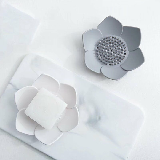2 Pieces of Silicone Soap Dish, Soap Box with Drip Tray, Flower Shaped Bathtub Kitchen Shower Table Silicone Soap Dish (Gray + White)