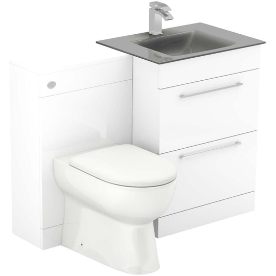 Wholesale Domestic - Venice Mono Grey Glass 1100mm 2 Drawer Gloss White Vanity Unit Toilet Suite - White Gloss