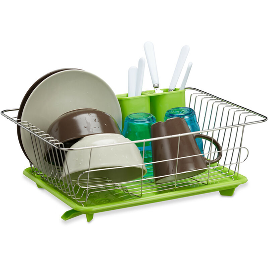 Relaxdays - Green Dish Drainer, Stainless Steel with Plastic Tray, Cutlery Holder, Dish Rack, HxWxD: 15.5 x 40 x 30 cm, Green-Silver