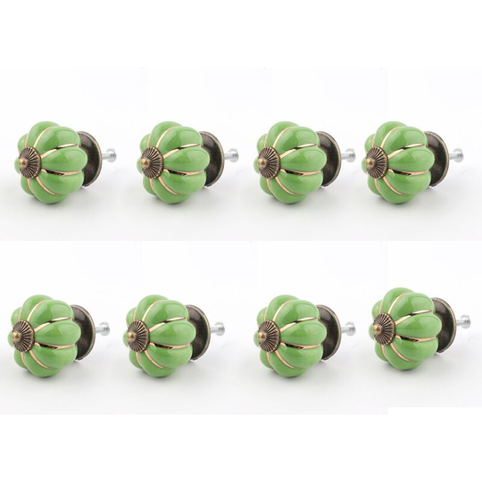 Sunflowergb - 8pcs Round Ceramic Pumpkin Cabinet and Furniture Knobs Pulls Chrome Finished Base Drawer Handles Door Hardware Knob Green