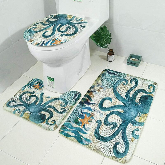 Brand New 3 Piece Non-slip Soft Bath Mat Marine Life Outline Bath Mat Set WC Toilet Seat Cover
