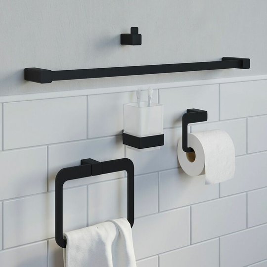 Bathroom Set Towel Ring Rail Toilet Roll Holder Robe Hook Tumbler Black Square - Black