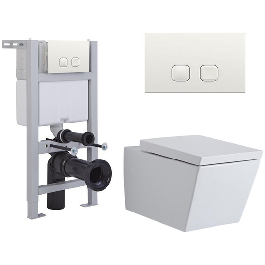 Milano - Dalton - White Ceramic Modern Bathroom Wall Hung Square Toilet wc with Short Wall Frame Cistern and Square White Flush Plate