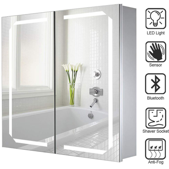 Led Illuminated Bathroom Mirror Cabinet with Lights Shaver Socket Bluetooth Touch Sensor Demister Pad 650x600MM - Livingandhome