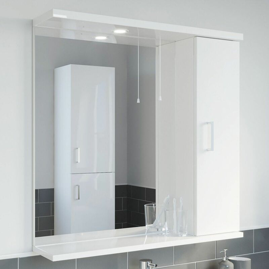 750mm Modern Bathroom Mirror Illuminated White Gloss Shelf Wall Hung Pull Cord - White