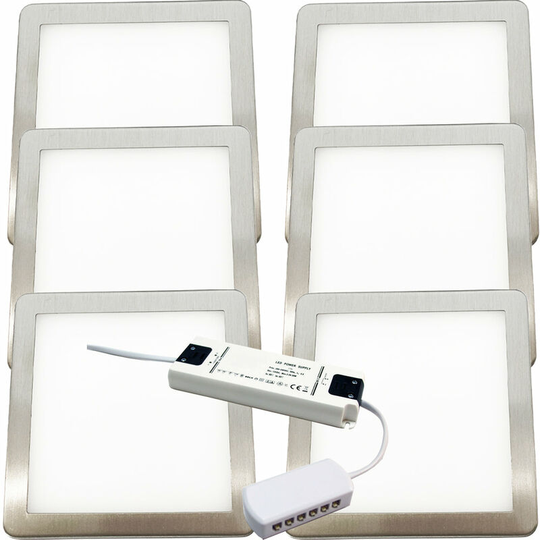 6x BRUSHED NICKEL Ultra-Slim Square Under Cabinet Kitchen Light & Driver Kit - Warm White Diffused LED