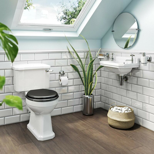 The Bath Co. Camberley cloakroom suite with black soft close seat - White/black