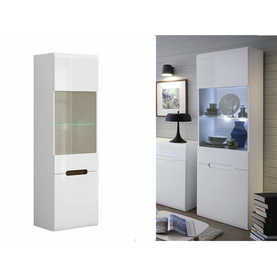Tall Glass Display Cabinet Unit led Light Modern White Gloss Black Brown Insert Azteca - White Gloss