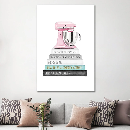 Baking Grey and Teal Bookstack with Pink Mixer by Amanda Greenwood - Painting Print on Canvas