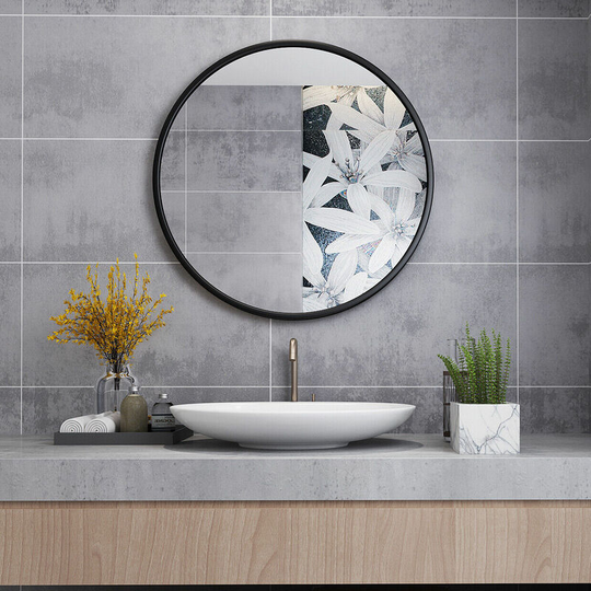 70cm Round Mirror Makeup Black Frame for Bathroom and Bedroom Wall Mounted