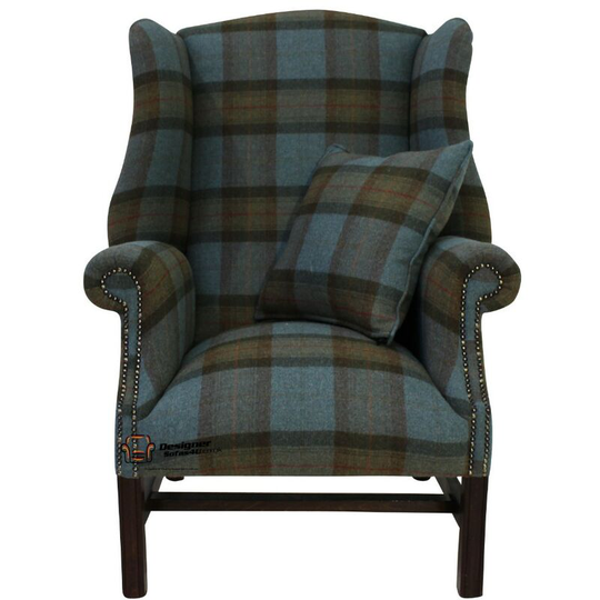 Winchester Wool Tweed High Back Wing Chair Fireside Armchair Skye Sea Check Fabric