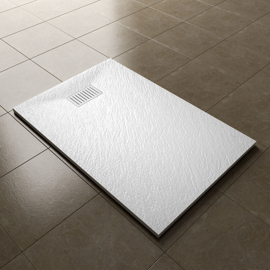 1200x800mm Slip-Resistance Shower Tray White Slate Effect Square Shower Enclosure Base with Waste Trap and Stainless Steel Drain Cover b - Elegant