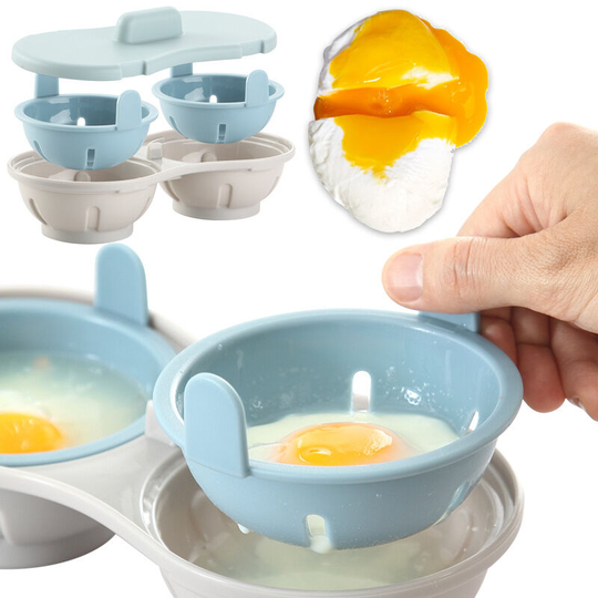 Microwave Egg Poacher, 2 Cavity Edible Silicone Drain Egg Boiler Set, Double Egg Cups for Boiled Eggs, Egg Maker Poached Egg Cooker Steamer Kitchen