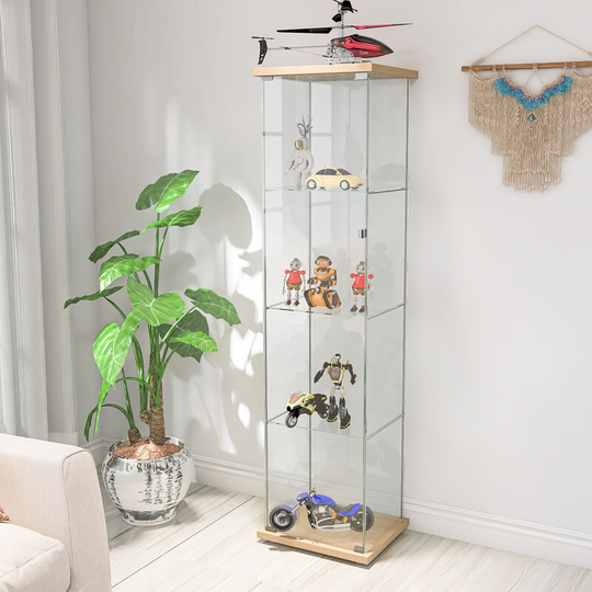 Floor Standing Curio Bookshelf Glass Display Cabinet 4 Shelves with Door