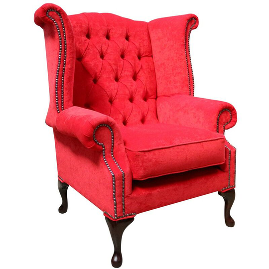 Chesterfield Fabric Queen Anne High Back Wing Chair Pimlico Rouge Red