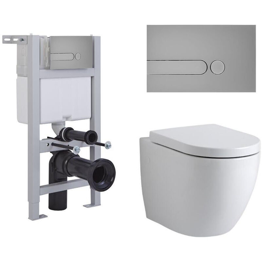 Milano - Irwell - White Ceramic Modern Bathroom Wall Hung Round Toilet wc with Short Wall Frame Cistern and Dot Satin Chrome Flush Plate