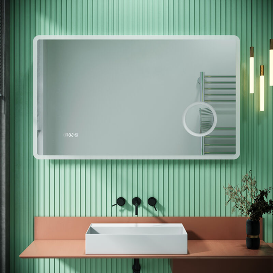 Anti-Fog Illuminated Bathroom Mirror 3 Times Magnifying Glass Clock Display Mirror with Shaving Socket 1000x600mm - Elegant