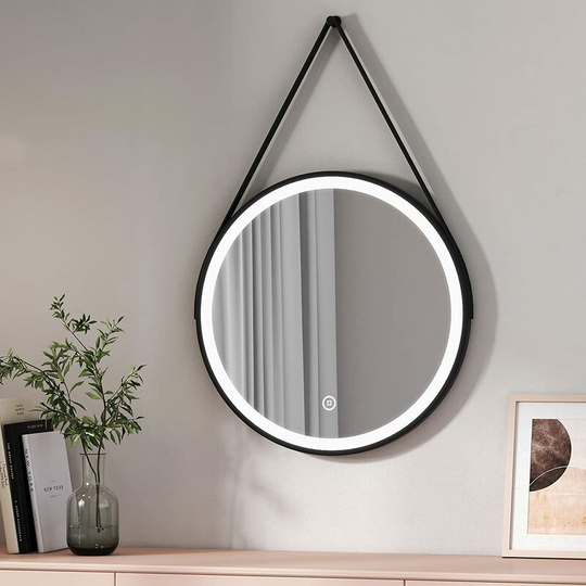 Emke - Round led Leather Mirror - 600mm Black Frame Leather Strap Illuminated Bathroom Mirror with led Lights, Smart Bathroom Mirror with Touch