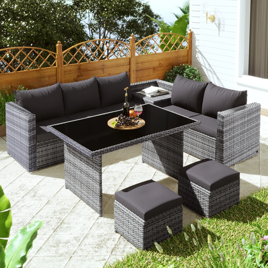 Ilektra 7-Seater Garden Corner Rattan Dining Sofa Set Outdoor With Corner Storage Box, 130*75Cm Dining Table And 2 Stool Removable Removable & Washabl