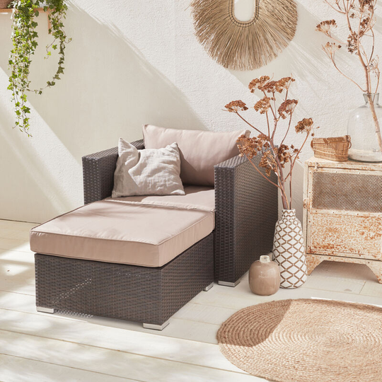 Garden sofa sets - armchair and footstool in rattan - Chocolate, brown cushions - Brown