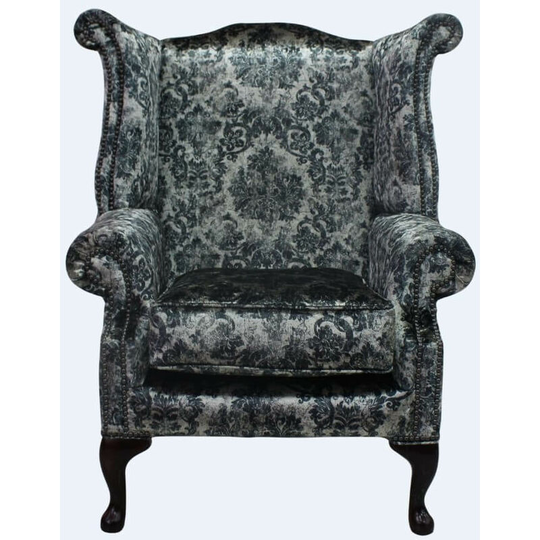 Chesterfield Saxon Queen Anne High Back Wing Chair Georgette Silver Velvet