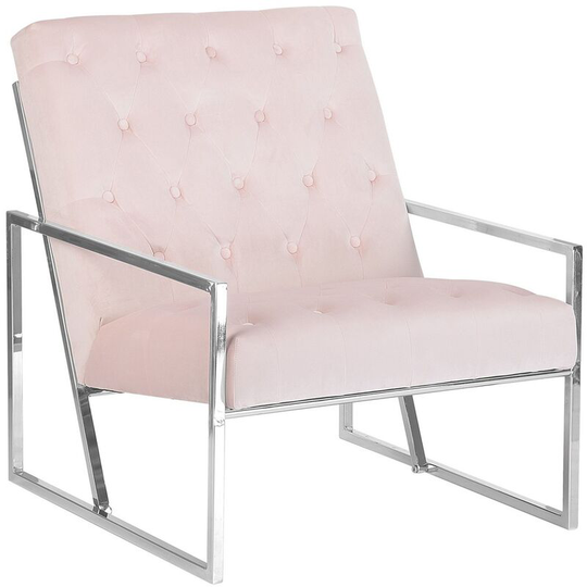 Modern Glam Light Pink Armchair Accent Chair Button Tufted Silver Frame Harstad - Pink