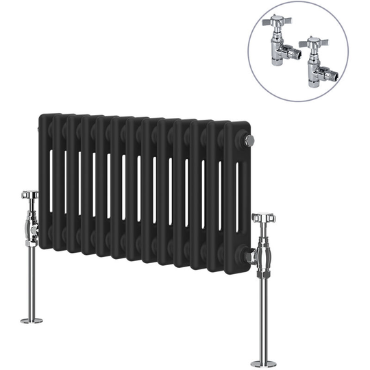 Traditional Rad Cast Iron Style Radiator Black + Chrome Angled Traditional Radiator Manual Valves 300x605mm Horizontal Double Column