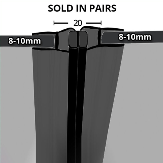 Black Magnetic Shower Seal for Screens or Doors | Fits 8, 9 or 10mm Glass | Sold as Pairs | MAG011B (200cm) - Clear