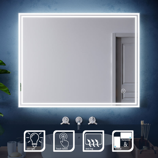 ELEGANT Aluminium Framed Horizontal Vertical Mirror Wall Mounted LED Illuminated Bathroom Mirror 900x700mm with Sensor, Fast Anti-Fog