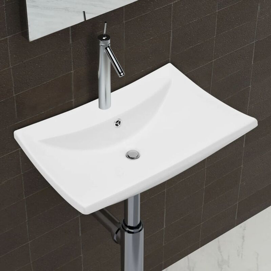 Luxury Ceramic Basin Rectangular with Overflow & Faucet Hole - White