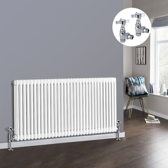 NRG - White 3 Column Traditional Cast Iron Style Radiator with Chrome Angled Cross Head Manual Valves Horizontal 600x1462mm