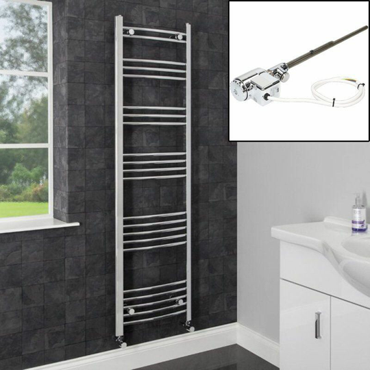 Duratherm - Dual Fuel Heated Towel Rail Chrome Designer Curved Thermostat Electric 1600x450 - Silver