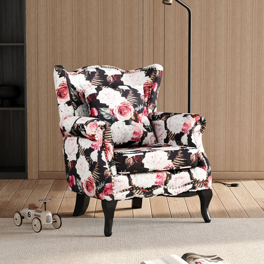 Retro Flower Wing back Studded Armchair - Livingandhome