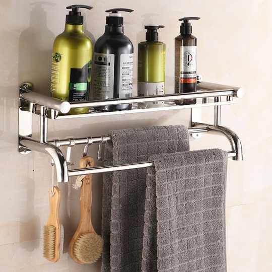 Wall Mounted Bath Towel Rail Bathroom Shelf Holder with Hooks - Livingandhome