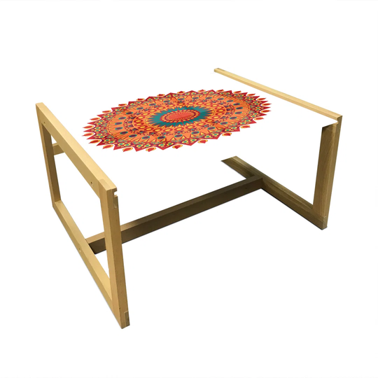 Mandala Coffee Table, Calming Art In Warm Colors Abstract Oriental Culture Medallion Motif Print, Acrylic Glass Center Table With Wooden Frame For Off