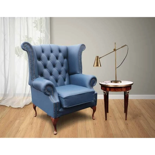 Chesterfield Queen Anne High Back Wing Chair uk Manufactured Majolica Blue Leather